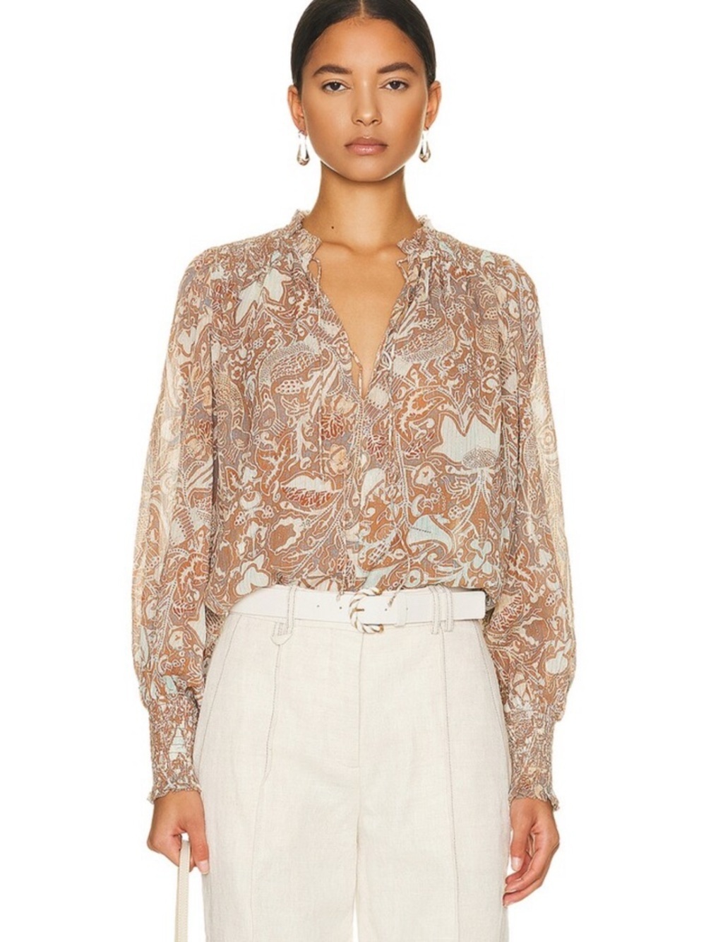 ULLA JOHNSON IDA FELDSPAR FLORAL METALLIC SEMI SHEER SPLIT NECK BOHO BLOUSE TOP